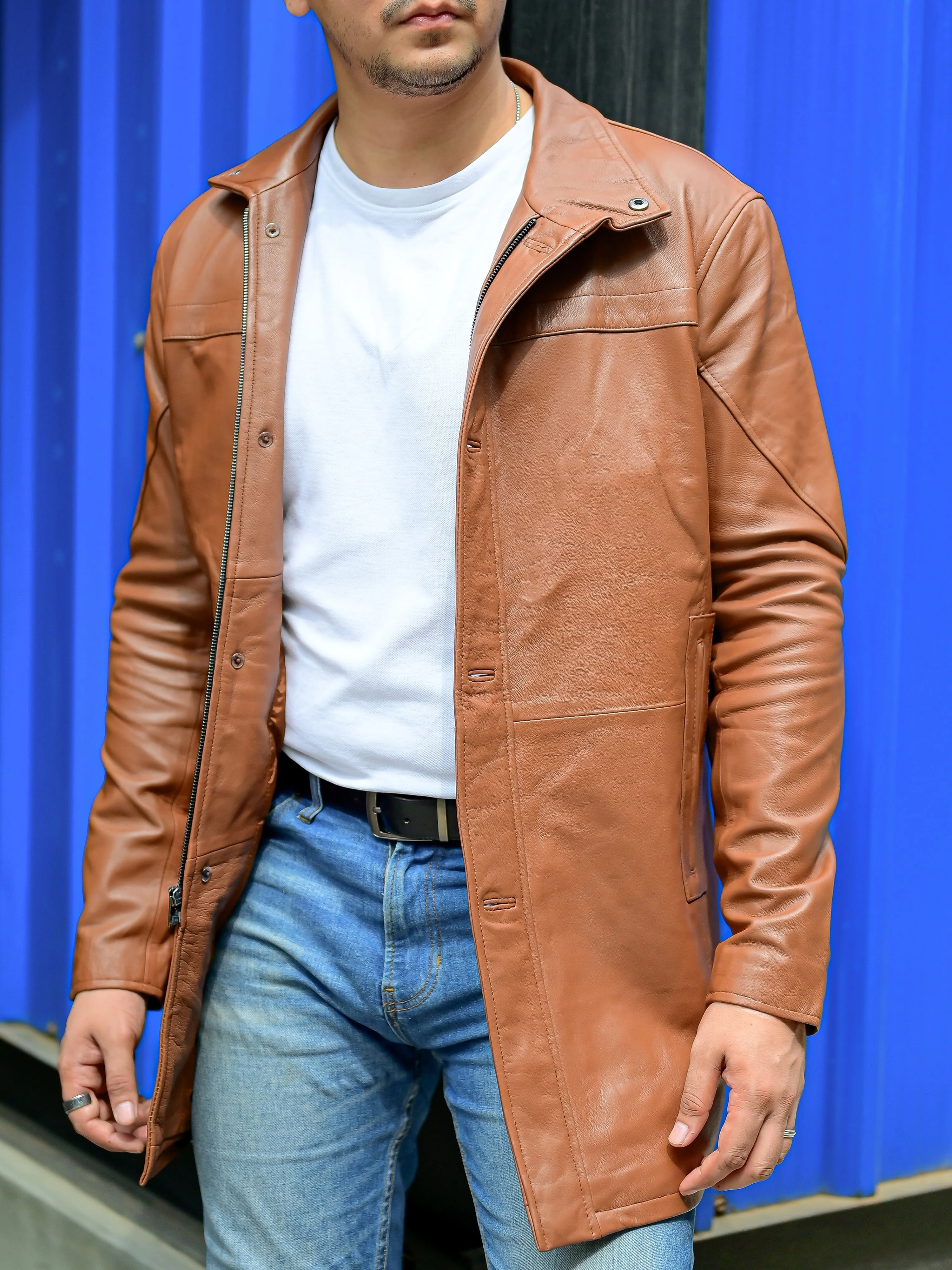 Jild 3/4 Length Cognac Trench Leather Car Coats for Men